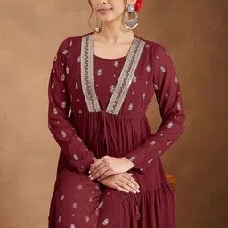 Janasya Women Ethnic Motifs Embroidered A-Line Kurta with Palazzos image 4