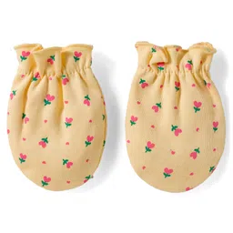 Babyhug 100% Cotton Knit Mittens & Booties Set with Floral Print - Yellow image 5