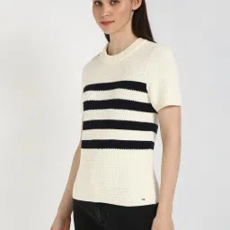 Tommy Hilfiger Beige & Black Cotton Regular Fit Striped Sweater image 3