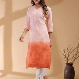 Janasya Peach Cotton Embroidered Kurta image 3