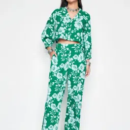Global Desi Green Floral Top With Pants-image-24