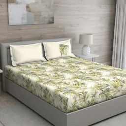 GM 'Matthiola' Green & Beige Cotton 150 TC Double Bedsheet with 2 Pillow Covers-picture-8