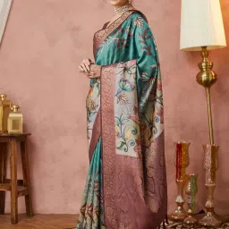 Satrani Blue Silk Floral Saree With Unstitched Blouse image 3