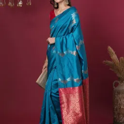 Satrani Blue Silk Blend Woven Saree With Unstitched Blouse image 3