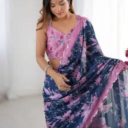 Mitera Floral Mirror Work Pure Chiffon Designer Saree image 4