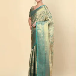Soch Womens Teal Floral Woven Design Jacquard Weave Silk Blend Saree image 3
