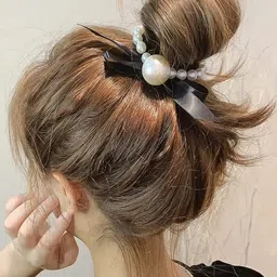 OOMPH Combo of 2 Black Nylon Big Pearl Rubber Band Ponytail Holder Stylish Latest image 3