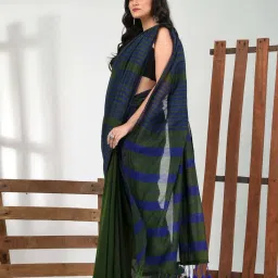 CHARUKRITI Green Cotton Striped Saree With Unstitched Blouse image 3
