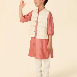 Fabindia Kids Peach & Beige Printed Full Sleeves Kurta with Nehru Jacket image 3