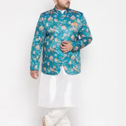 Vastramay Turquoise Blue And White Silk Blend Ethnic Combo Set-picture-16