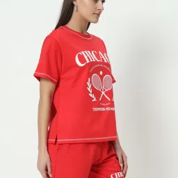 Vividartsy Red Cotton Graphic Print Co-Ord Set image 3