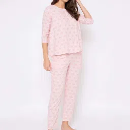 Clovia Pink Regular Fit Printed Top & Pyjama Set image 3