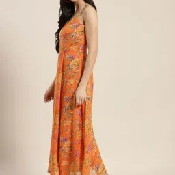 Qurvii Orange Floral Print Maxi Dess image 3