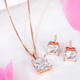 Zavya Eternal Sparkle Square Solitaire Rose Gold-Plated 925 Sterling Silver Jewellery Set-image-4