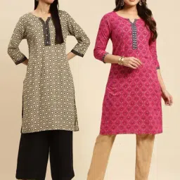 Rangita Beige & Pink Printed Straight Kurti - Pack of 2-image-38