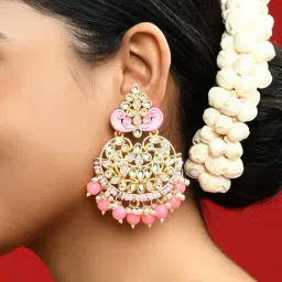 Fida Gold-Plated Pink Floral & Kundan Detail Chand Bali Earrings-image-88