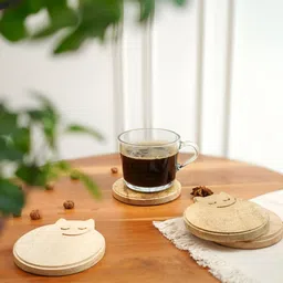 BEHOMA Brown 4 Pieces Sleepy Cat Design Wooden Coasters image 5