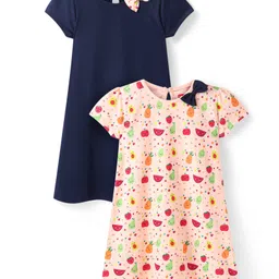 Babyhug 100% Cotton Knit Half Sleeves Frock Fruit Print with Bow Applique Pack of 2 - Multicolor-picture-34