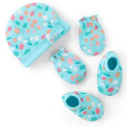 Babyhug 100% Cotton Knit Cap Mittens And Booties Floral Print - Blue-picture-11