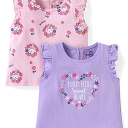 Doodle Poodle 100% Cotton Knit Frill Sleeves Tops with Floral Print Pack of 2 - Pink & Lavender-picture-49