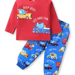 Babyhug Cotton Knit Full Sleeves Nightsuit with Vehicle Print - Red & Blue-picture-28