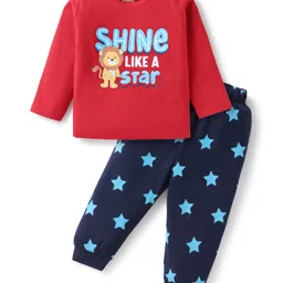 Babyhug Cotton Knit Full Sleeves Night Suit with Text Print - Red & Navy Blue-picture-24