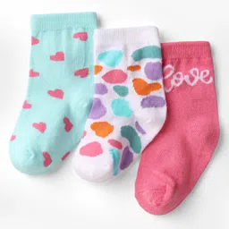 Cute Walk by Babyhug Knit Ankle Length Anti Bacterial Socks with Heart Design Pack of 3 - Pink White & Light Blue-picture-14