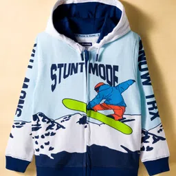 Pine Kids Cotton Knit Full Sleeves Hooded SweatJacket with Surfing Print - Light Blue-picture-24