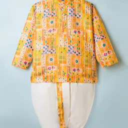 Dapper Dudes Full Sleeves Floral Printed & Sequins Embellished Kurta Dhoti Set - Yellow-picture-27