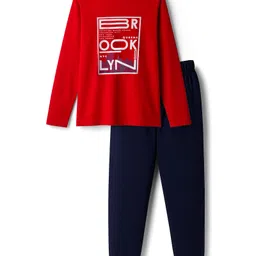 kookie kids india Kookie Kids Single Jersey Knit Full Sleeves Night Suit With Text Print - Red & Navy Blue-picture-35