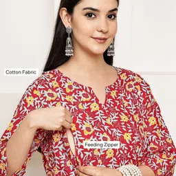 Secret Wish Women Maternity Floral Printed Panelled Pure Cotton Kurta with Trousers image 4