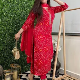 Moda Rapido Women Bandhani Printed Regular Thread Work Kurta with Trousers & With Dupatta image 3