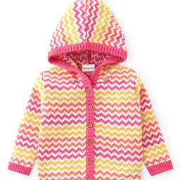 Babyhug Knitted Full Sleeves Hooded Sweater Set With Chevron Design - Yellow & Pink image 2