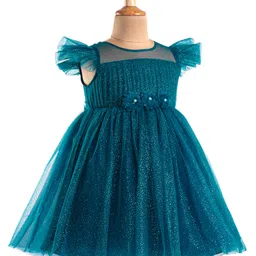 Babyhug Woven Half  Ruffle Sleeves Glitter Printed Solid Color Party Frock with Floral Applique - Teal Blue image 2