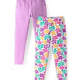 Honeyhap Premium Single Jersey Knit Full Length Bio Finish Leggings with Floral Print Pack of 2 - Violet Tulip & Bright White image 2