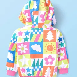 Babyhug Cotton Knit Full Sleeves Hooded Front OpenSweatjacket withFloral Print - Pink White & Orange image 2