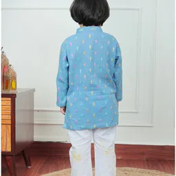 Polka Tots Cotton Full Sleeves Leaves Embroidered Kurta Pyjama Set - Blue image 3