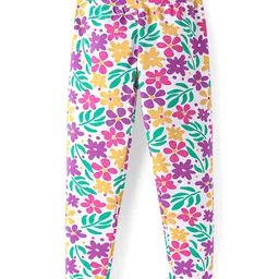 Honeyhap Premium Single Jersey Knit Full Length Bio Finish Leggings with Floral Print Pack of 2 - Violet Tulip & Bright White image 3