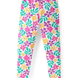 Honeyhap Premium Single Jersey Knit Full Length Bio Finish Leggings with Floral Print Pack of 2 - Violet Tulip & Bright White image 4