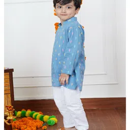 Polka Tots Cotton Full Sleeves Leaves Embroidered Kurta Pyjama Set - Blue image 5