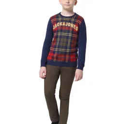 Jack & Jones Junior Blue & Red Cotton Chequered Full Sleeves Sweater image 3