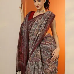 Libas Maroon Floral Print Saree With Unstitched Blouse image 4