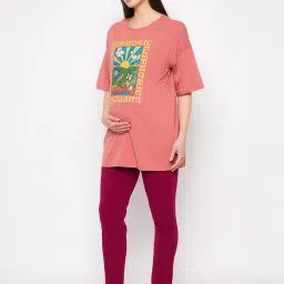 Clovia Coral & Pink Graphic Print Maternity Top With Pyjamas image 3