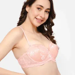 Clovia Pink Lace Work Demi Cup Bra image 3