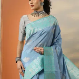 Libas Blue Woven Design Saree With Unstitched Blouse image 4