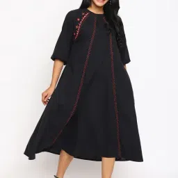 Fabindia Black Cotton Embroidered A-Line Dress-image-91
