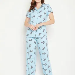 Clovia Blue Printed Shirt With Pyjamas-image-13