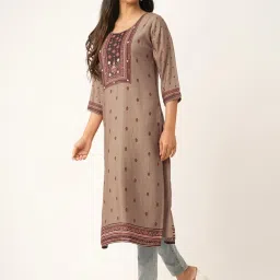 Odette Beige Cotton Printed Straight Kurta image 3