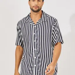 Styli Navy & White Relaxed Fit Striped Cotton Shirt-picture-26