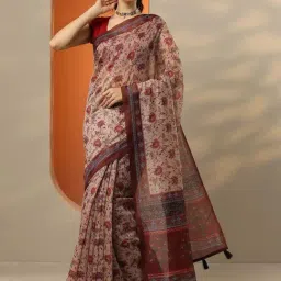 Libas Brown Floral Print Saree With Unstitched Blouse-picture-11